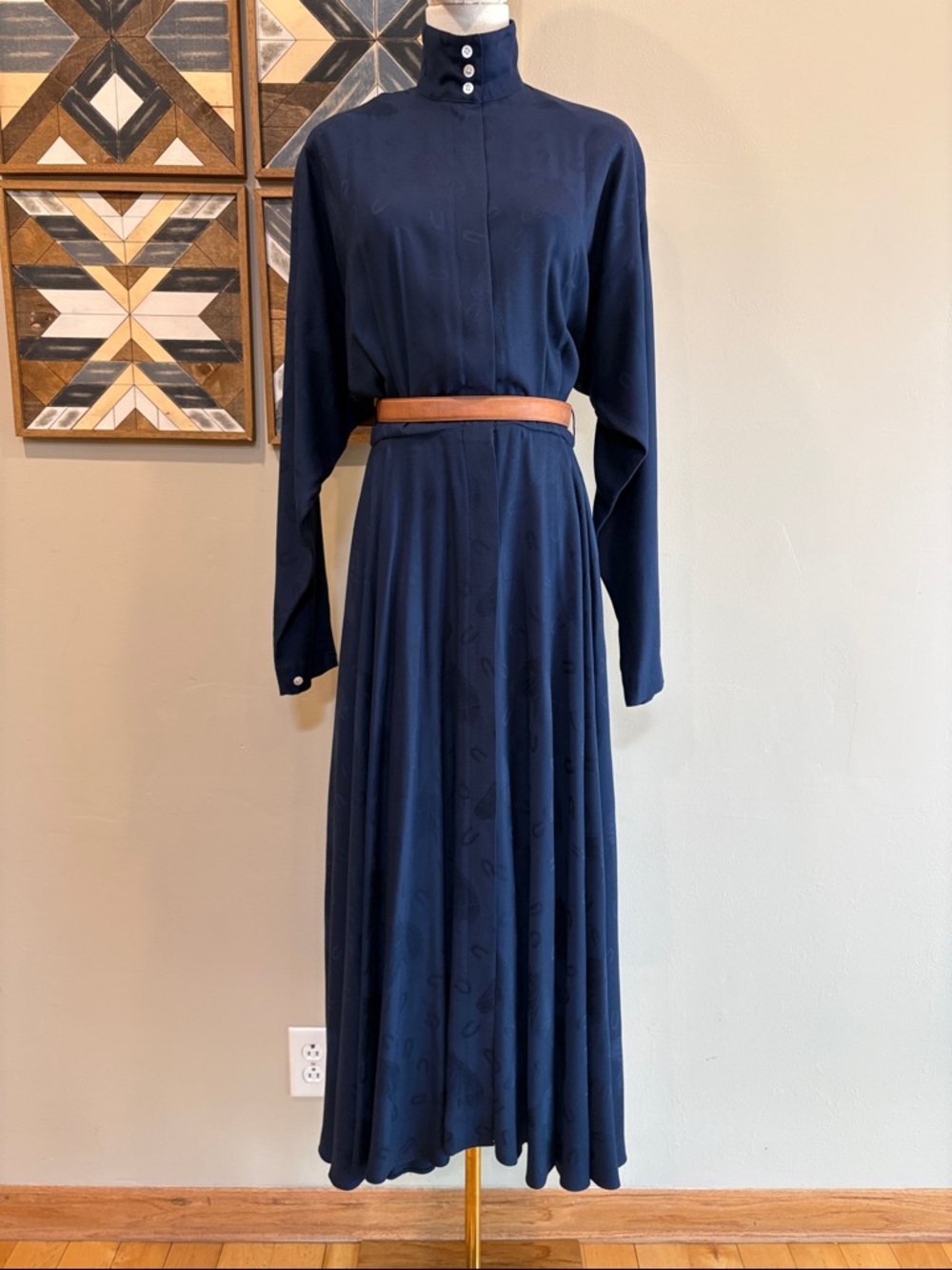 Vintage Ralph Lauren Equestrian Horse Print Long-Sleeve High Neck Maxi Dress